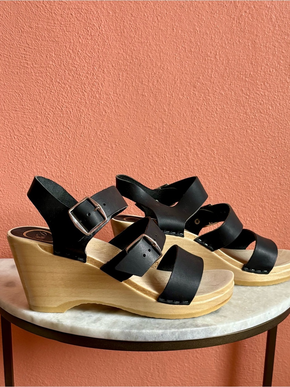 No. 6 Black Strappy Wooden Wedge Sandals. NWOT